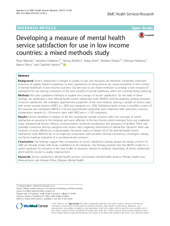 (PDF) Developing a measure of mental health service satisfaction for ...