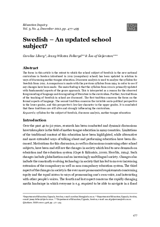 (PDF) Swedish – An updated school subject?