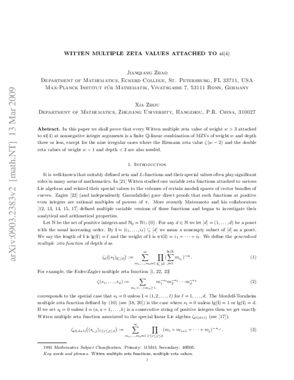 (PDF) Witten Multiple Zeta Values Attached to $\mathfrak{sl}(4 ...