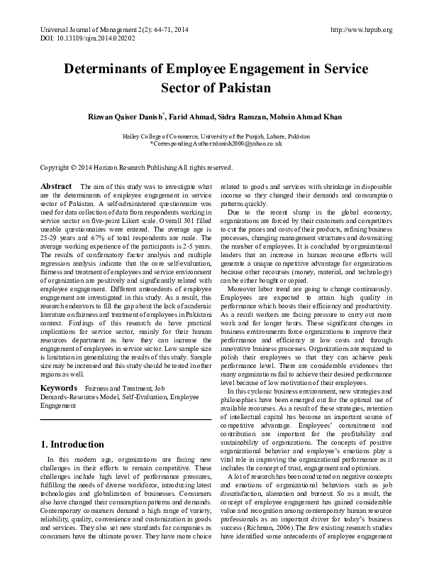 (PDF) Determinants of Employee Engagement in Service Sector of Pakistan