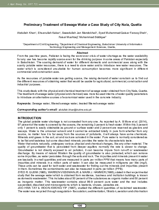 (PDF) Preliminary Treatment of Sewage Water a Case Study of City Nala ...