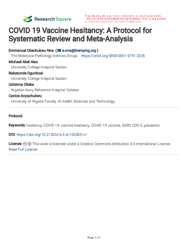 (PDF) COVID 19 Vaccine Hesitancy: A Protocol for Systematic Review and ...