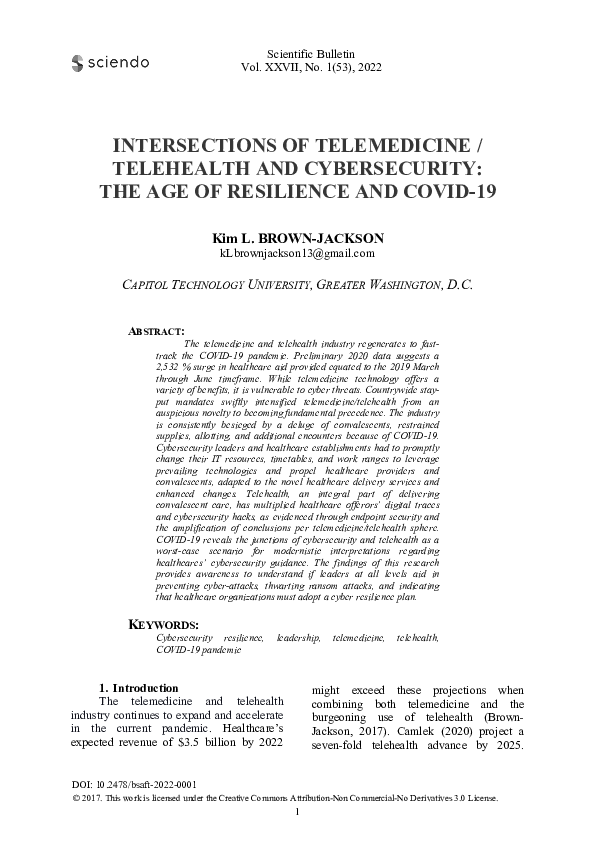 (PDF) Intersections of Telemedicine / Telehealth and Cybersecurity: The ...