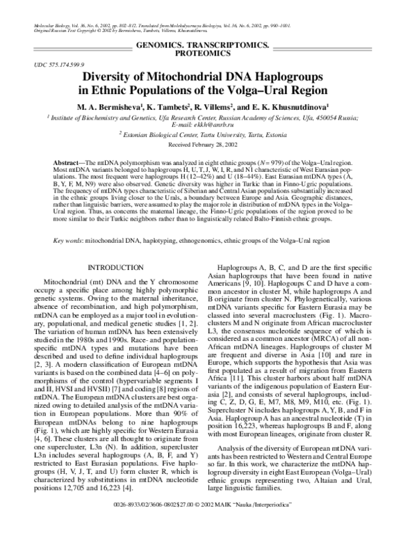 (PDF) Diversity of Mitochondrial DNA Haplogroups in Ethnic Populations