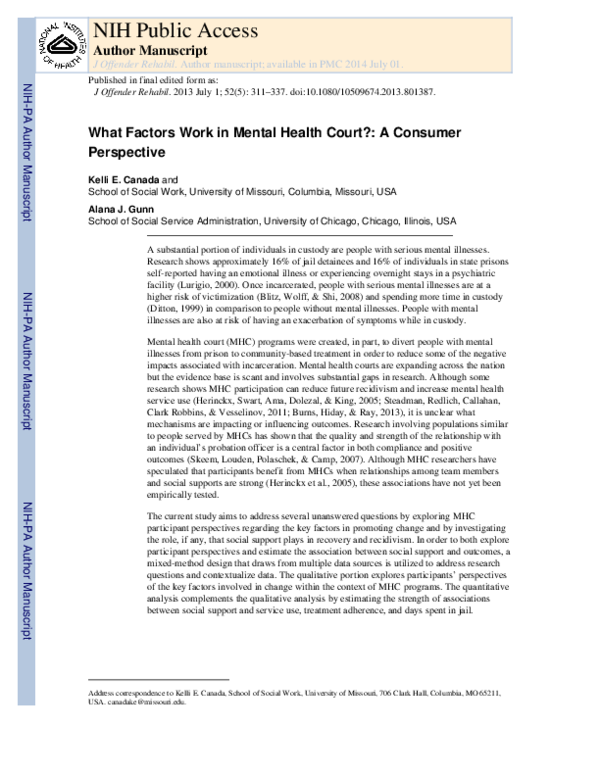 (PDF) What Factors Work in Mental Health Court? A Consumer Perspective