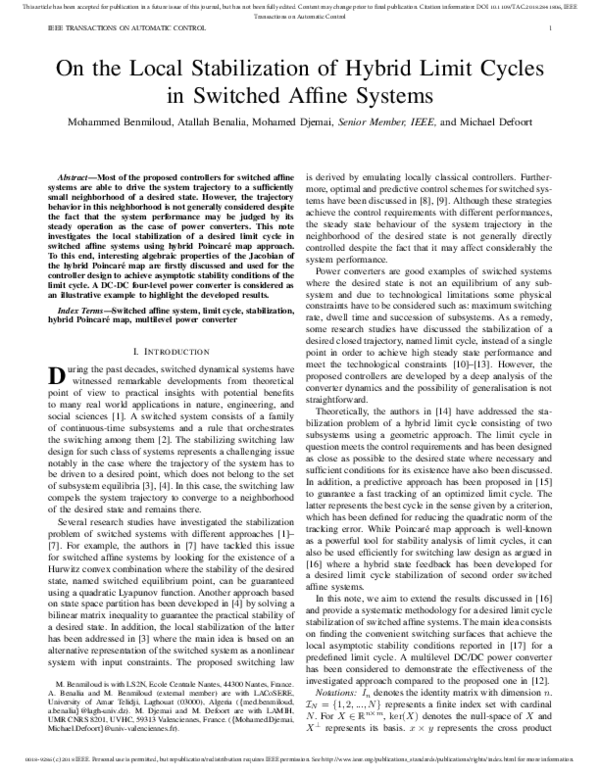(PDF) On the Local Stabilization of Hybrid Limit Cycles in Switched ...