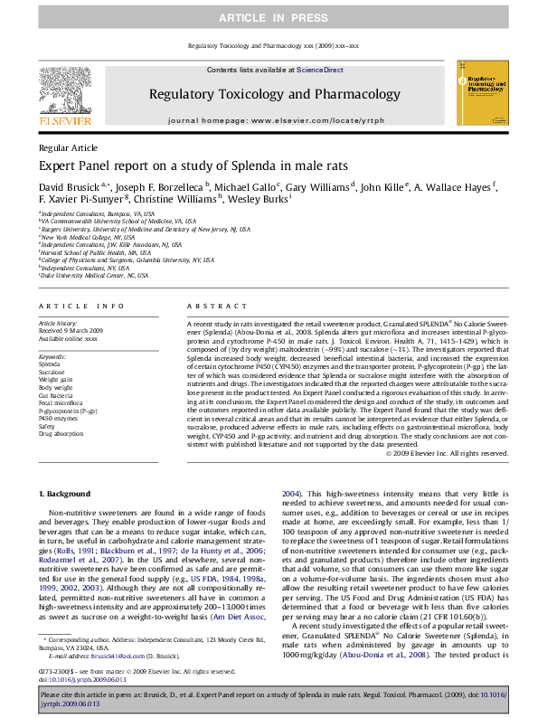 (PDF) Expert panel report on a study of Splenda in male rats
