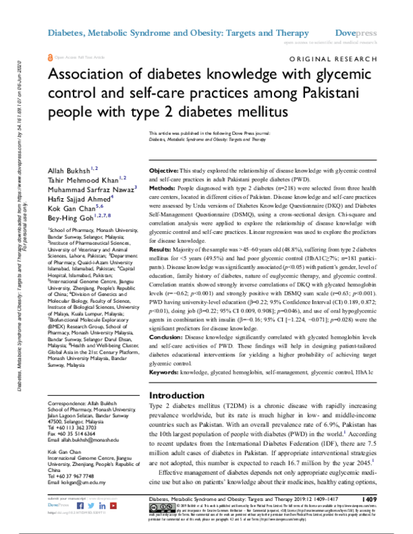 (PDF) Association of diabetes knowledge with glycemic control and self ...