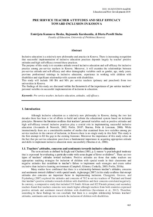 (PDF) Pre Service Teacher Attitudes and Self Efficacy Toward Inclusion ...