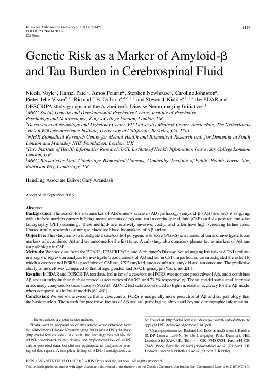 (PDF) Genetic Risk as a Marker of Amyloid-β and Tau Burden in ...