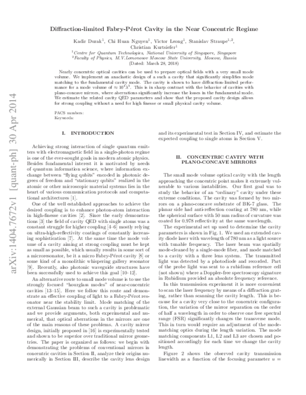(PDF) Diffraction-limited Fabry-Perot cavity in the near concentric regime