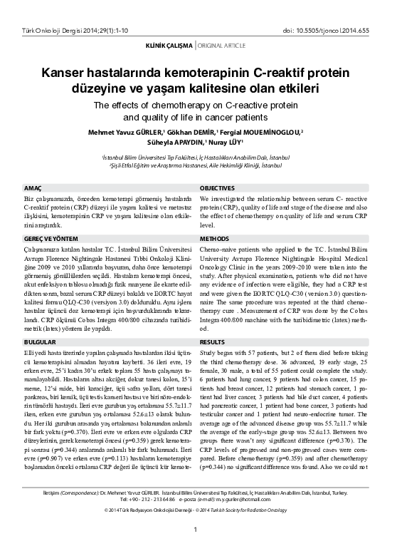 Kanser Hastalarında Kemoterapinin C-Reaktif Protein Düzeyine Ve Yaşam Kalitesine Olan Etkileri