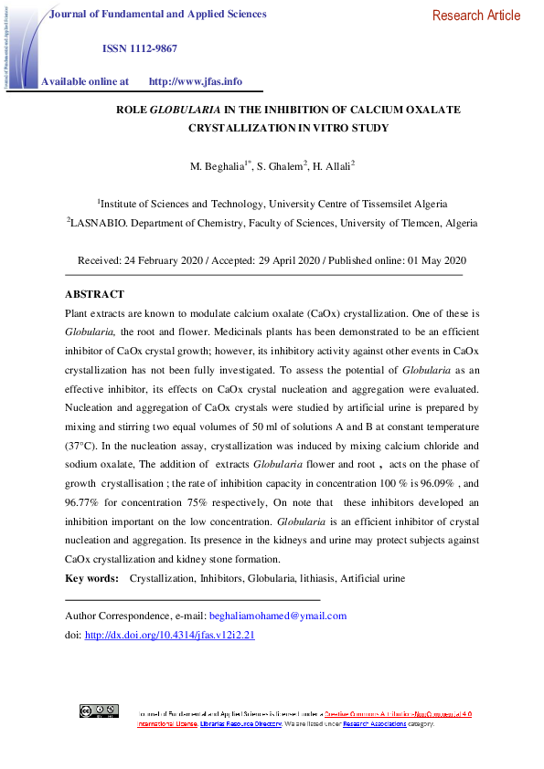 (PDF) Role Globularia in the Inhibition of Calcium Oxalate ...