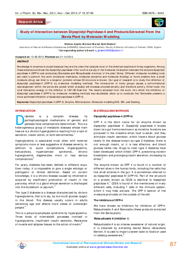 (PDF) Study of Interaction between Dipeptidyl Peptidase-4 and Products ...