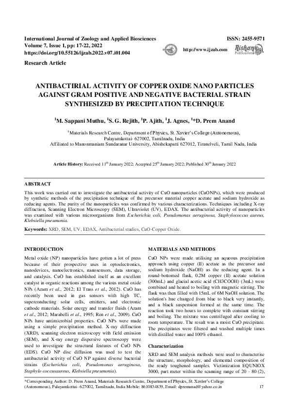(PDF) ANTIBACTIRIAL ACTIVITY OF COPPER OXIDE NANO PARTICLES AGAINST ...