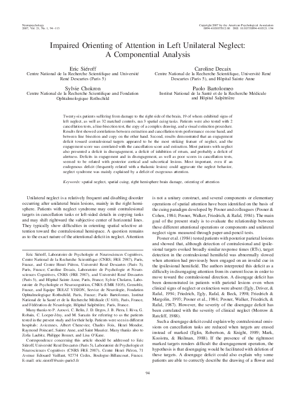 (PDF) Impaired orienting of attention in left unilateral neglect: A ...