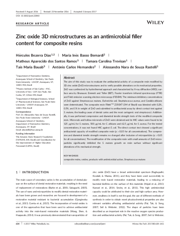 (PDF) Zinc oxide 3D microstructures as an antimicrobial filler content ...