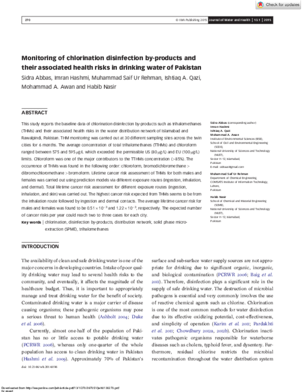 (PDF) Monitoring of chlorination disinfection byproducts and their associated health risks in