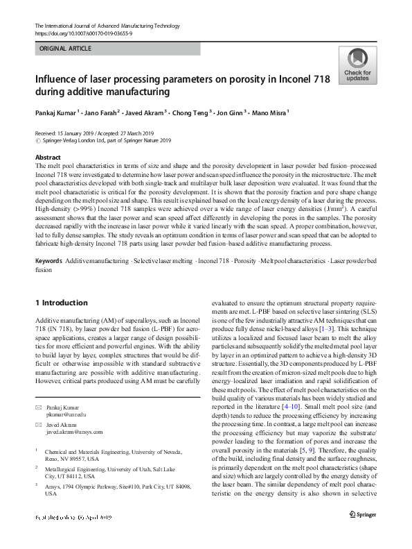 (PDF) Influence of laser processing parameters on porosity in Inconel ...