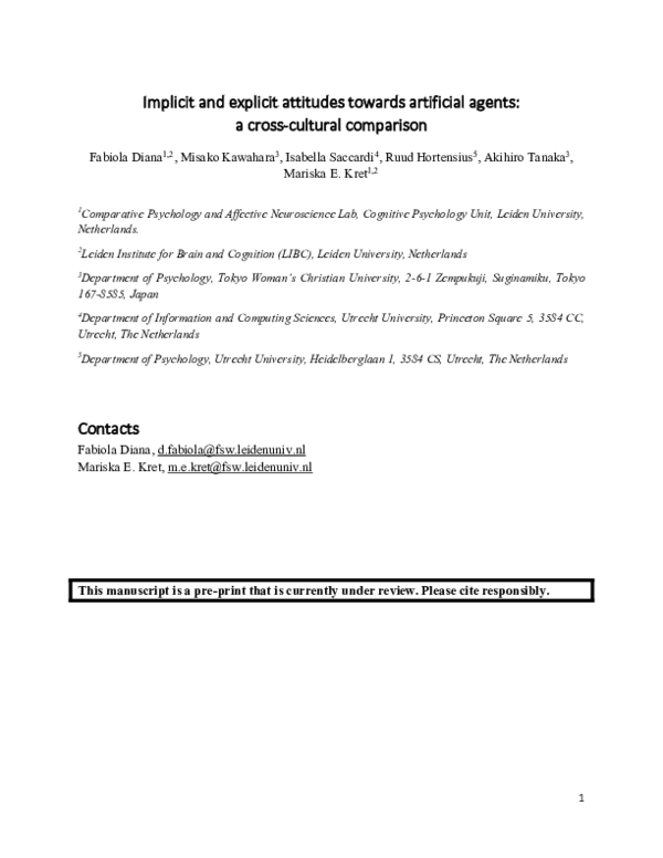 (PDF) Implicit and explicit attitudes towards artificial agents: a ...