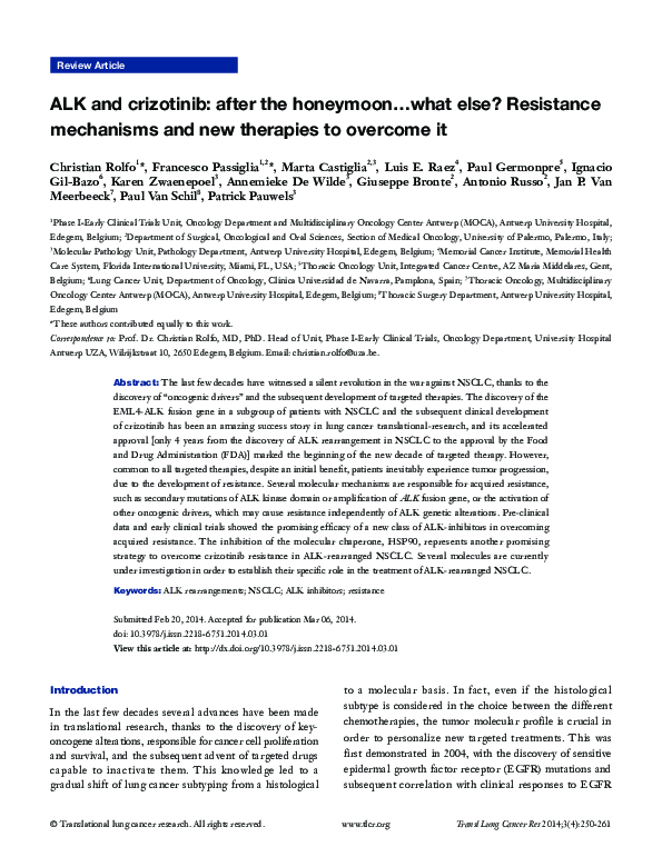 (PDF) ALK and crizotinib: after the honeymoon…what else? Resistance ...