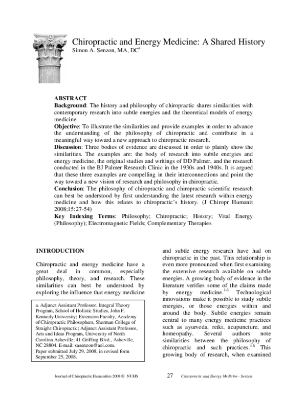 (PDF) Chiropractic and Energy Medicine A Shared History Simon Senzon