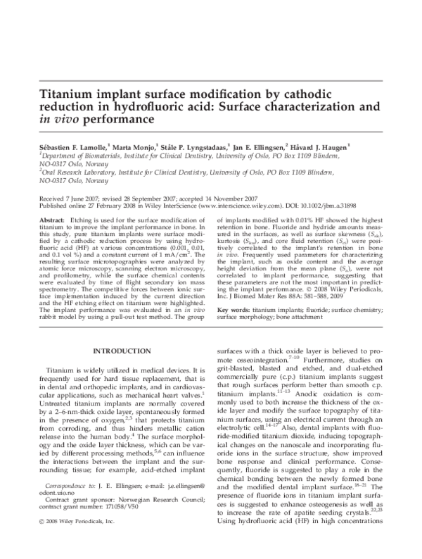 (PDF) Titanium implant surface modification by cathodic reduction in ...