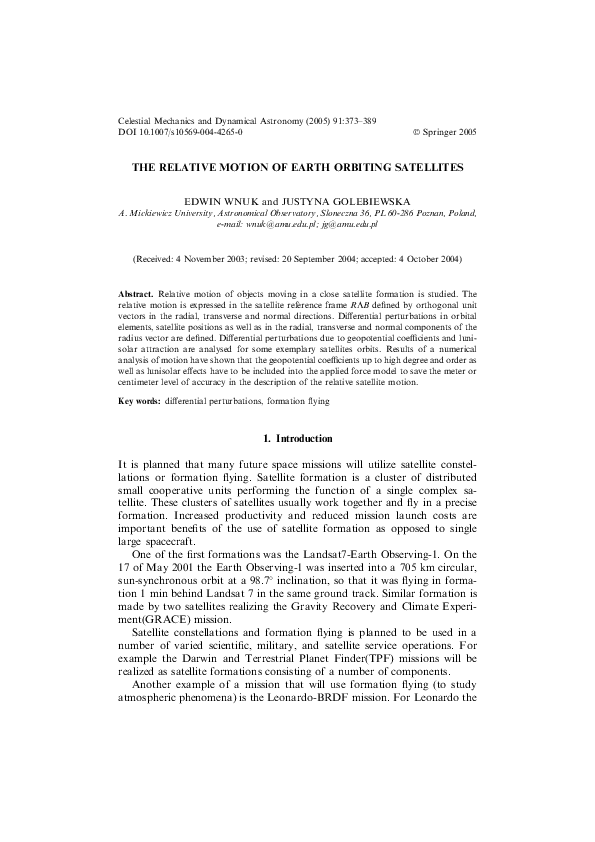 (PDF) The Relative Motion of Earth Orbiting Satellites
