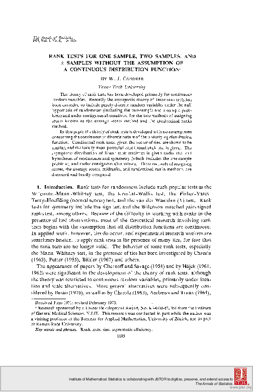 (PDF) Rank Tests for One Sample, Two Samples, and k samples Without