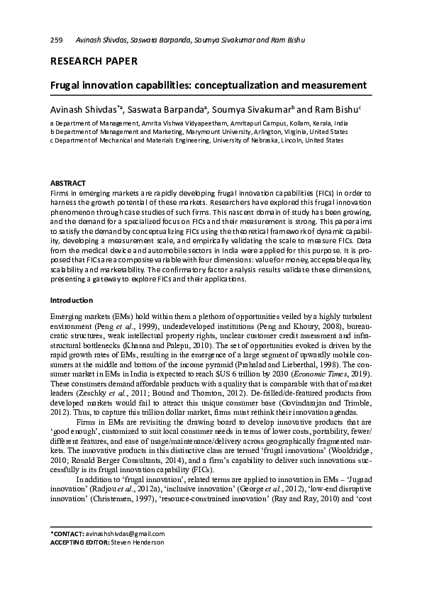 (PDF) Frugal innovation capabilities: conceptualization and measurement