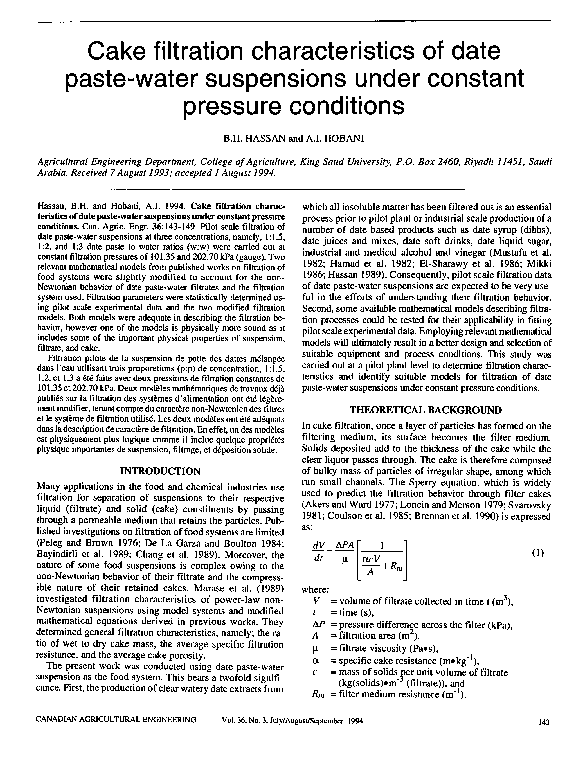 (PDF) Cake filtration characteristics of date pastewater suspensions