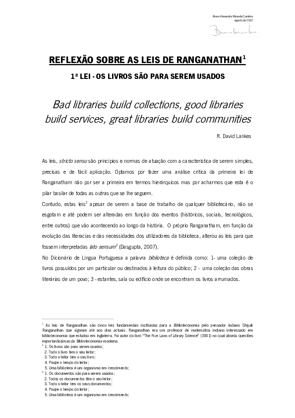 (PDF) REFLEXÃO SOBRE AS LEIS DE RANGANATHAN E A BIBLIOTECONOMIA