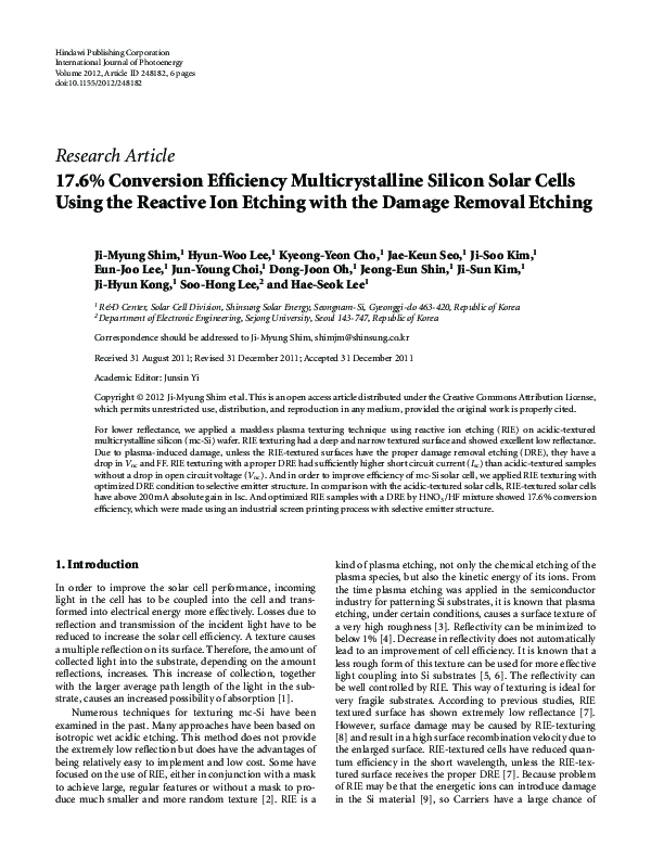 (PDF) 17.6% Conversion Efficiency Multicrystalline Silicon Solar Cells ...