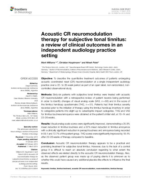 (PDF) Acoustic CR Neuromodulation Therapy for Subjective Tonal Tinnitus