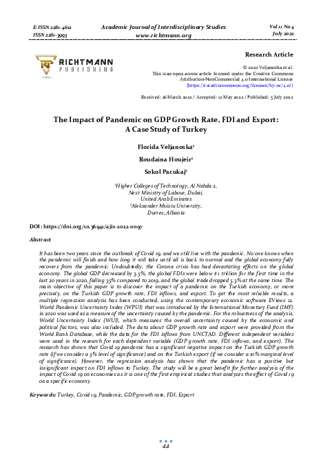 The Impact of Pandemic on GDP Growth Rate, FDI and Export: A Case Study of Turkey
