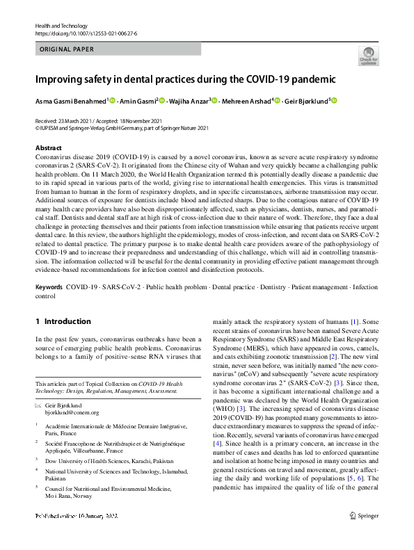 (PDF) Improving safety in dental practices during the COVID-19 pandemic