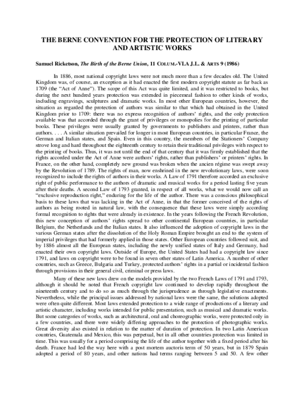 The Berne Convention for the Protection of Literary and Artistic Works: 1886–1986. By Sam Ricketson. [London, Centre for Commercial Law Studies, Queen Mary College. lxii, 928, and (Appendices, Bibliography & Index) 102 pp. Hardback £95 net.]
