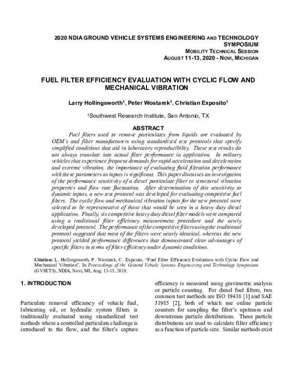 (PDF) Fuel Filter Efficiency Evaluation with Cyclic Flow and Mechanical