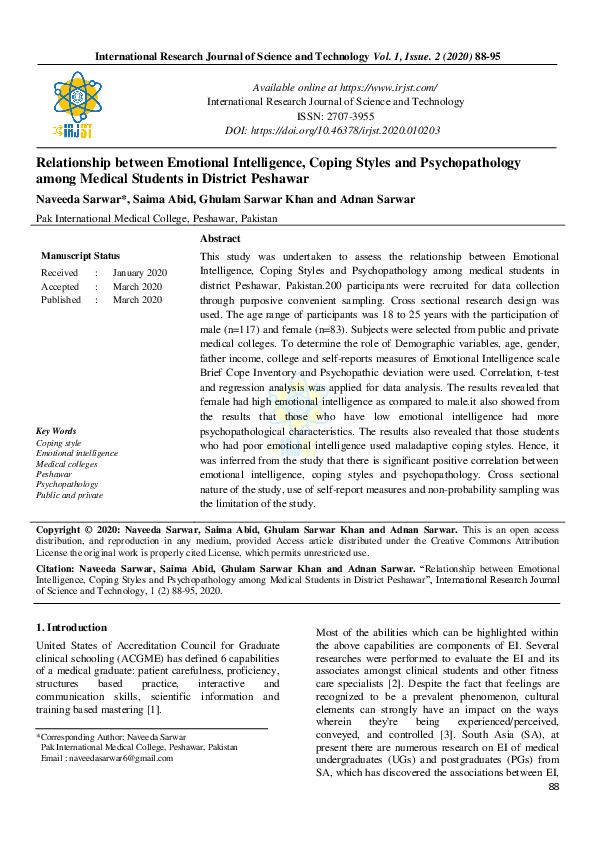 (PDF) Relationship between Emotional Intelligence, Coping Styles and ...