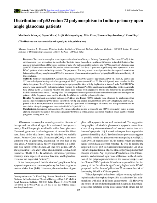 (PDF) Distribution of p53 codon 72 polymorphism in Indian primary open ...
