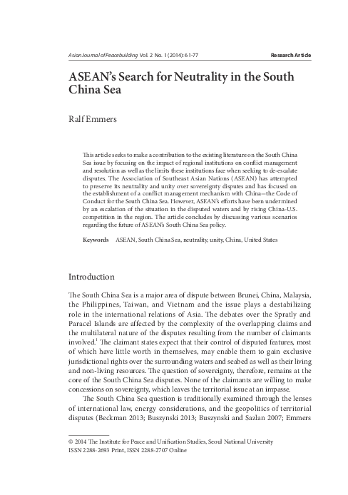 (PDF) ASEAN’s Search for Neutrality in the South China Sea