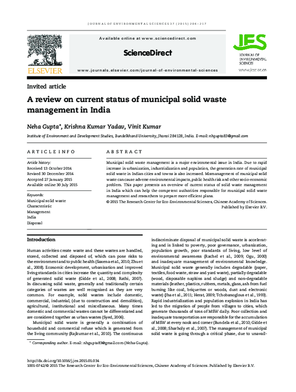 (PDF) A review on current status of municipal solid waste management in ...