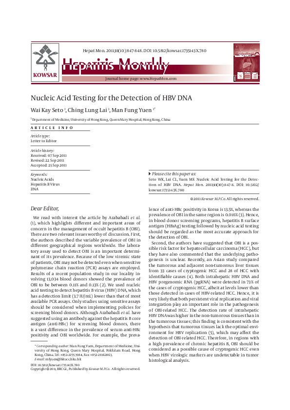(PDF) Nucleic acid testing for the detection of HBV DNA