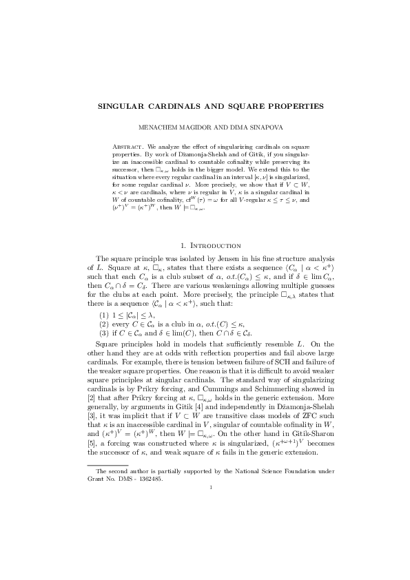 (PDF) Singular cardinals and square properties