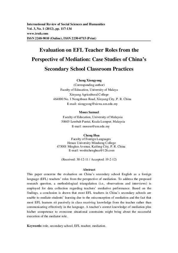 (PDF) Evaluation on EFL Teacher Roles from the Perspective of Mediation ...