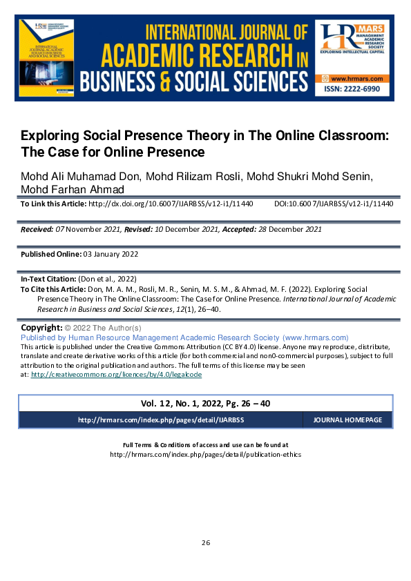 (PDF) Exploring Social Presence Theory in The Online Classroom: The ...