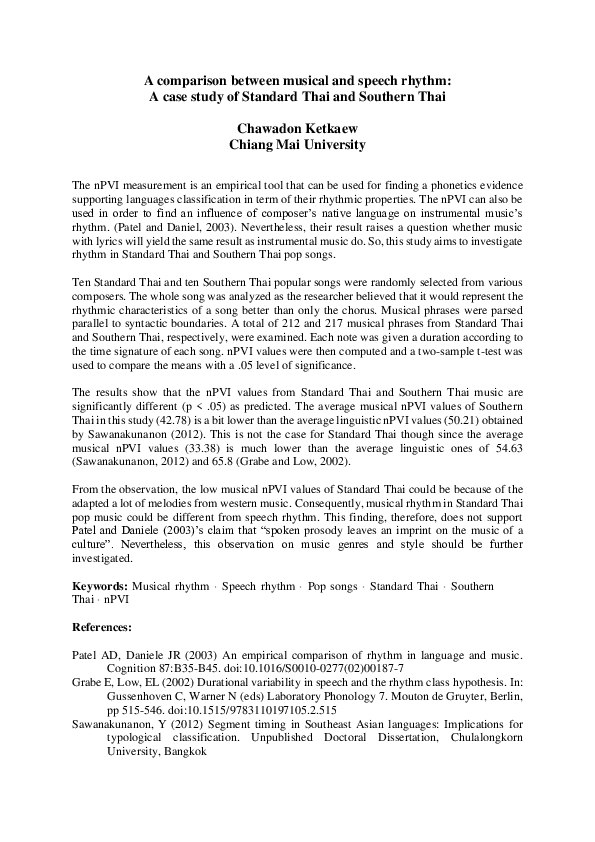 (PDF) A Comparison Between Musical and Speech Rhythms: A Case Study of ...