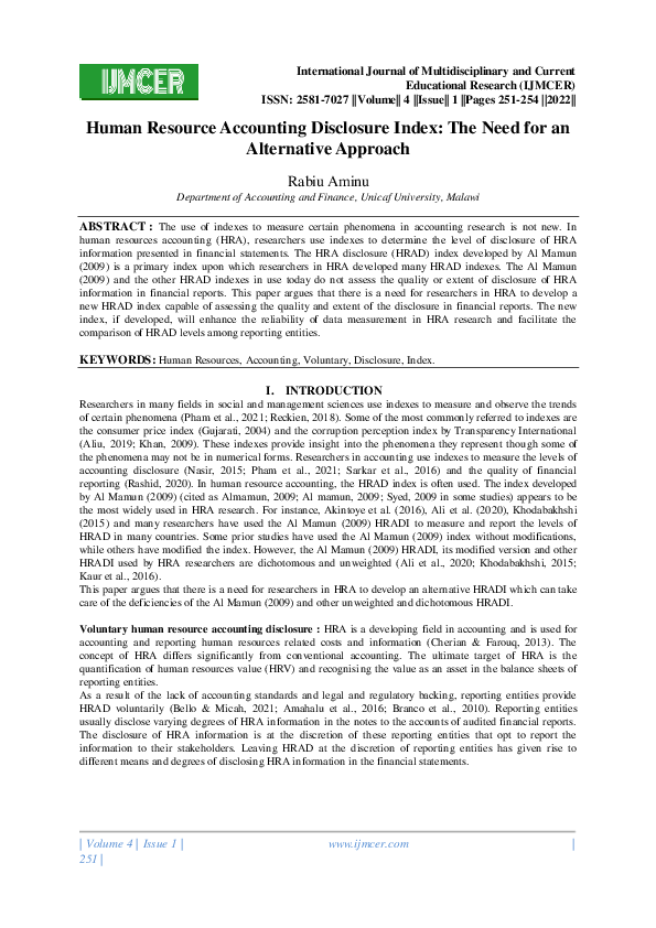 (PDF) Human Resource Accounting Disclosure Index: The Need for an ...