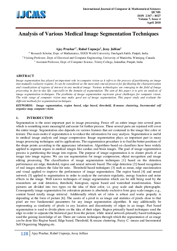 (PDF) Analysis of Various Medical Image Segmentation Techniques