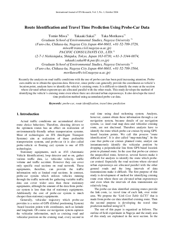 (PDF) Route identification and travel time prediction using probe-car data